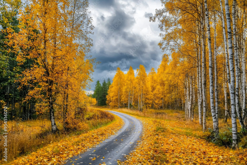 A winding road through a vibrant autumn landscape with golden trees and a cloudy sky. A winding road through a vibrant autumn landscape with golden trees and a cloudy sky.