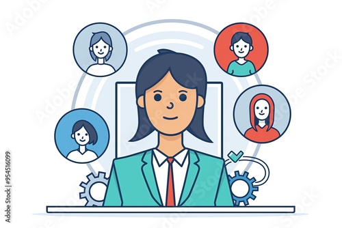 Remote job. Video call with colleagues. Corporate hierarchy. Female CEO of a firm, company. Business meeting. Cartoon illustration of project management