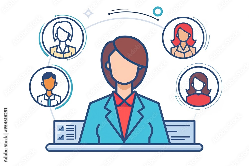 Remote job. Video call with colleagues. Corporate hierarchy. Female CEO of a firm, company. Business meeting. Cartoon illustration of project management Remote job. Video call with colleagues. Corporate hierarchy. Female CEO of a firm, company. Business meeting. Cartoon illustration of project management