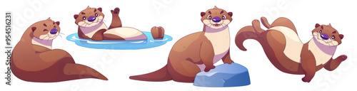 Cute sea otter character. Funny weasel cartoon illustration. Swimming river animal mascot set with cheerful expression and waving gesture collection. Adorable kawaii polecat on rock graphic design