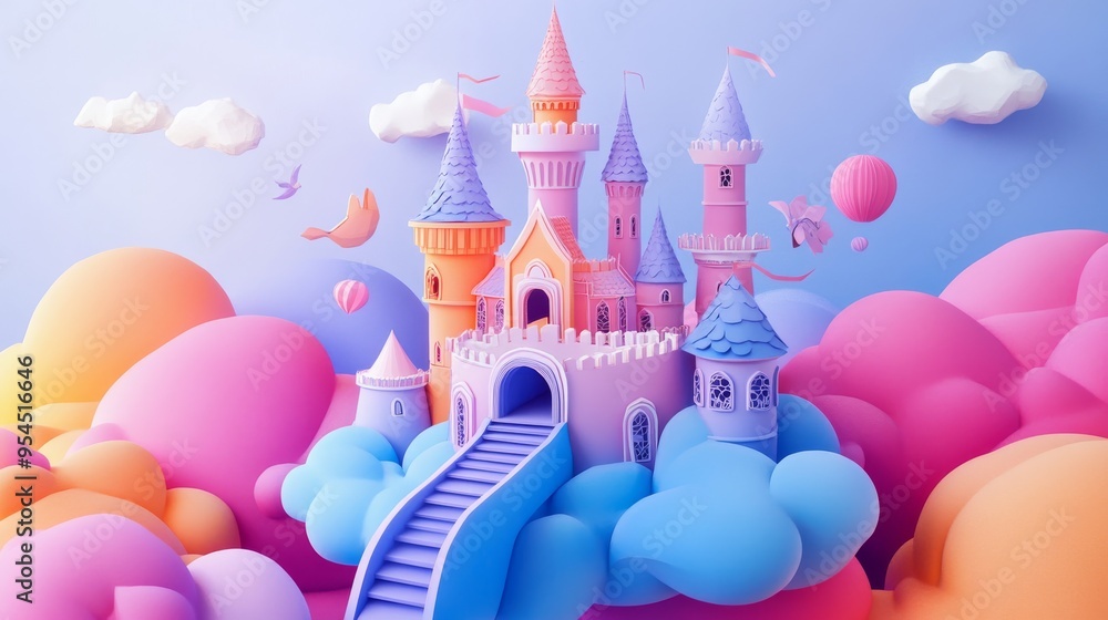 Enchanting Paper Cutting Art of Fantasy Castle on Cloud - Whimsical 3D Rendering with Bright Colors Enchanting Paper Cutting Art of Fantasy Castle on Cloud - Whimsical 3D Rendering with Bright Colors