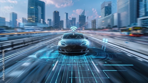 Autonomous car navigating a city street using IoT technology for traffic updates and route optimization, Internet of Things, smart transportation photo