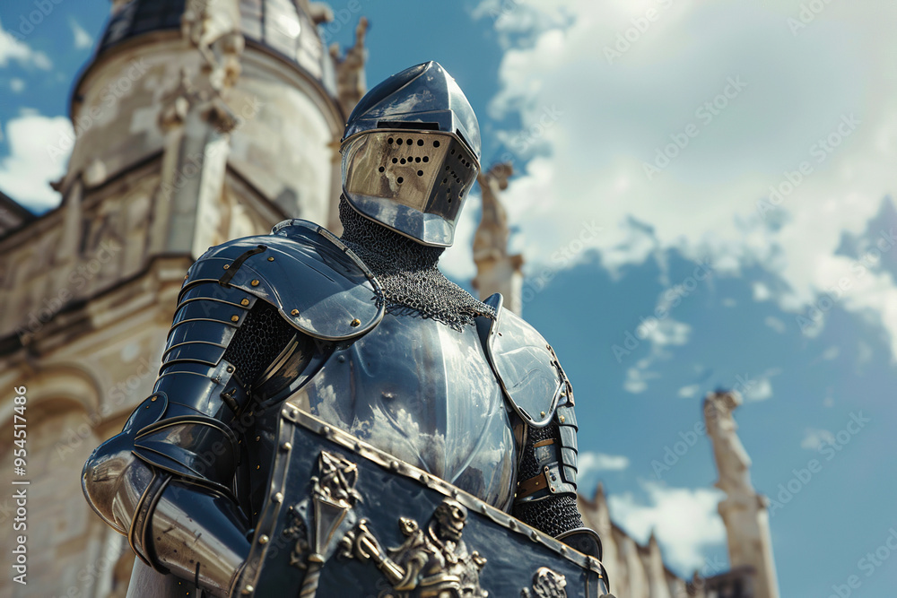 A fantastic royal knight in armor guards the castle chambers A fantastic royal knight in armor guards the castle chambers