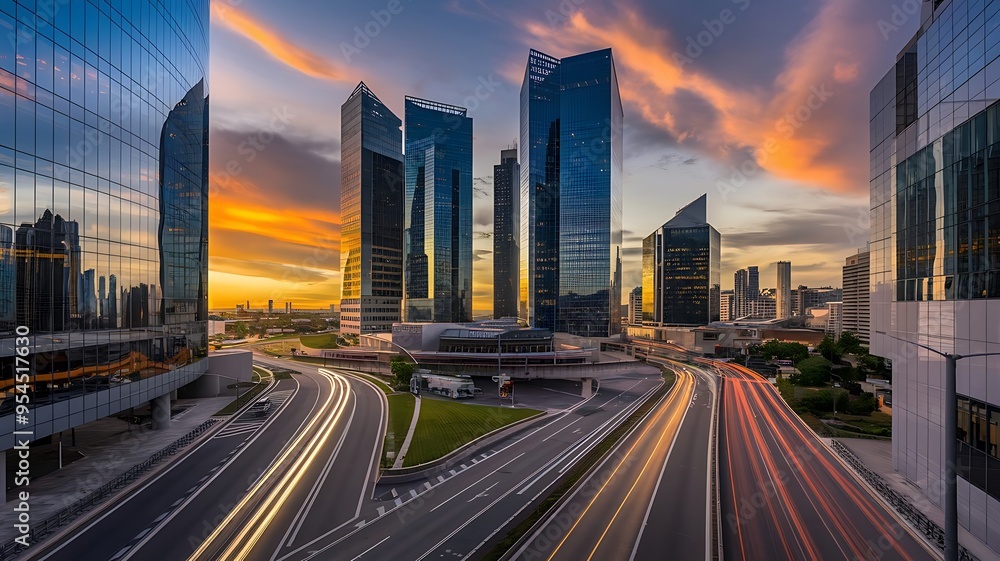 Obraz premium Stunning cityscape at dusk featuring illuminated skyscrapers and dynamic light trails from traffic, capturing the vibrant energy of urban life.