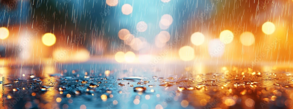 A tight shot of a wet surface featuring a hazy street light in the backdrop and raindrops on the ground A tight shot of a wet surface featuring a hazy street light in the backdrop and raindrops on the ground