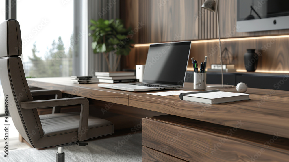 Fototapeta premium Desk: A compact, organized table with storage drawers or shelves, designed for writing, laptop work, or creative projects, offering a focused workspace. 