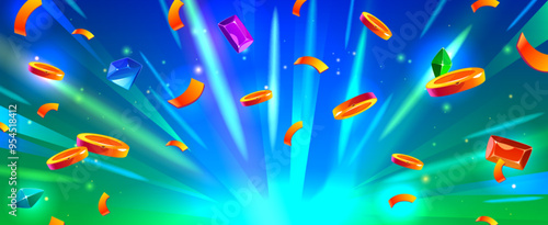 Golden coins and confetti flying on color background. Vector cartoon illustration of jackpot win banner with falling gemstones and money, light rays on blue and green backdrop, casino app design