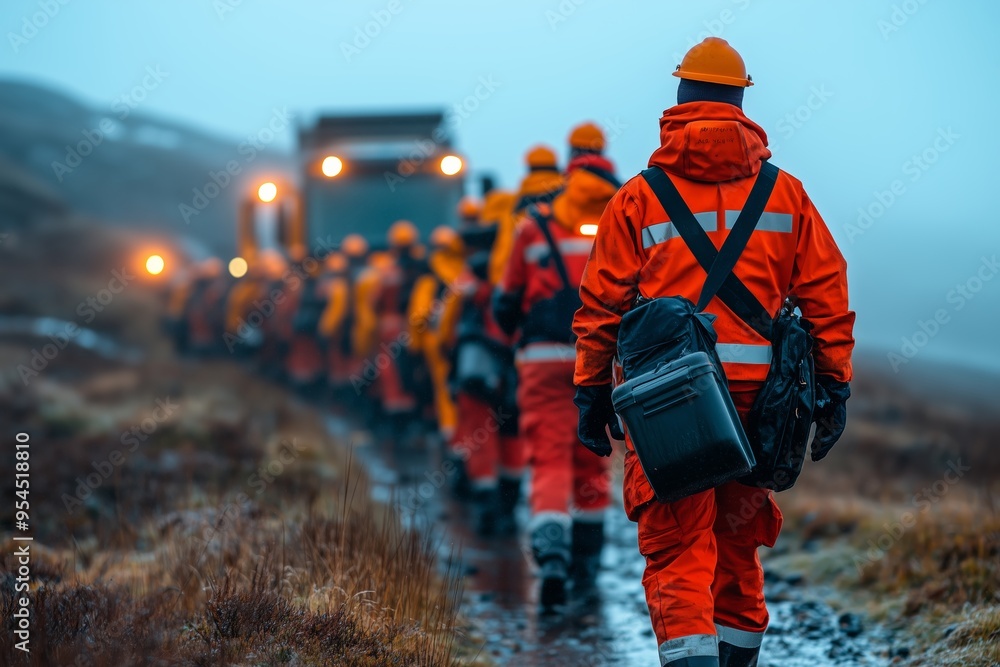 A group of rescue workers in bright orange uniforms walk in a single file along a muddy, rural path. A group of rescue workers in bright orange uniforms walk in a single file along a muddy, rural path.