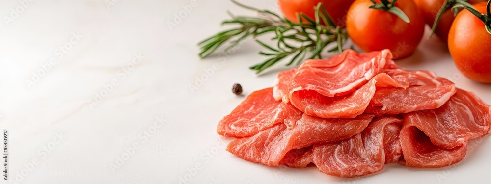 A stack of uncooked meat sits atop a table, next to tomatoes and a rosemary sprig A stack of uncooked meat sits atop a table, next to tomatoes and a rosemary sprig