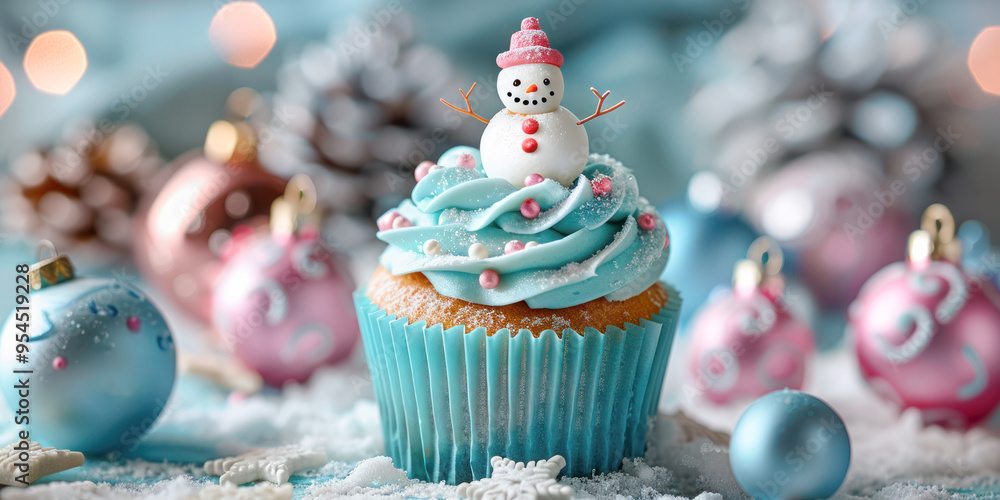 Festive cupcake decorated with a cute snowman made of icing, surrounded by Christmas-themed decorations in a wintery setting. Festive cupcake decorated with a cute snowman made of icing, surrounded by Christmas-themed decorations in a wintery setting.