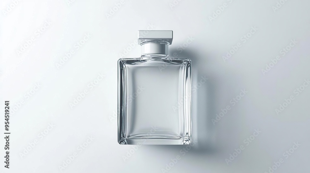 A clear glass perfume bottle with a minimalist design on a light background. A clear glass perfume bottle with a minimalist design on a light background.