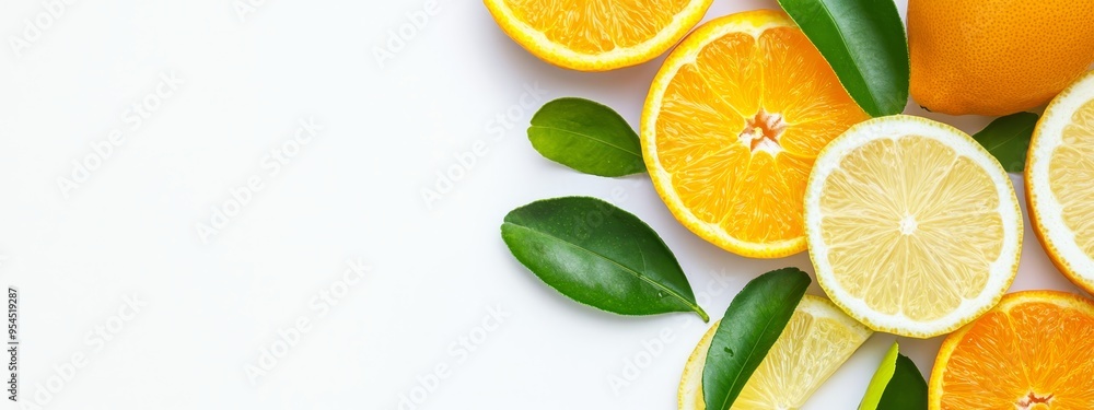 A collection of halved oranges on a pristine white background, surrounded by green leaves A collection of halved oranges on a pristine white background, surrounded by green leaves