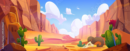 Arizona desert landscape with rock cliff mountains, green cactuses and grass, sand surface and path, blue sunny sky with white clouds. Cartoon vector summer wilderness western scene with canyon.