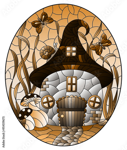 A stained-glass illustration with a fairy-tale dwarf house on a background of grass and sky, oval image, tone brown