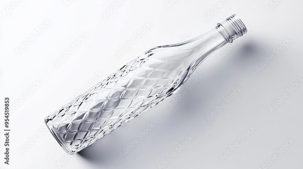 A clear, diamond-patterned glass bottle lying on a white surface.