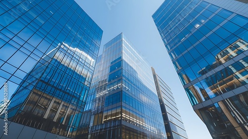 Modern skyscrapers soaring into clear blue sky, showcasing sleek urban architecture and design.