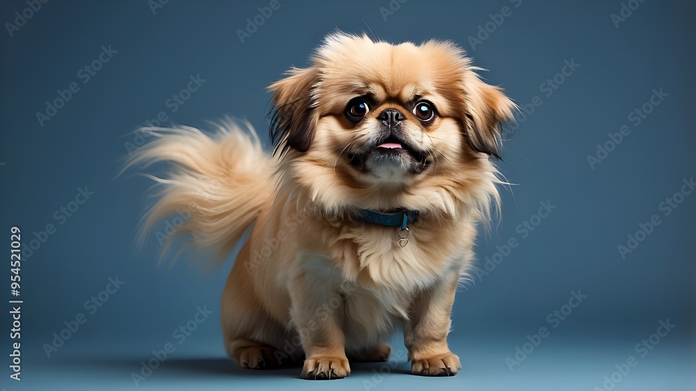 Using generative AI technology, a studio portrait of a startled-looking Pekingese dog was produced, illustrating the concepts of pet photography and surprised expression. Using generative AI technology, a studio portrait of a startled-looking Pekingese dog was produced, illustrating the concepts of pet photography and surprised expression.