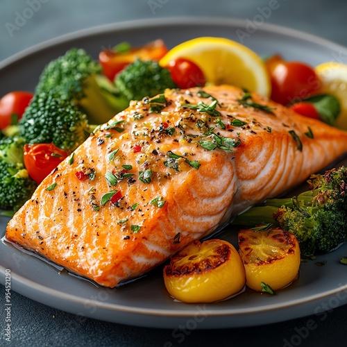 Grilled salmon with roasted vegetables and lemon.