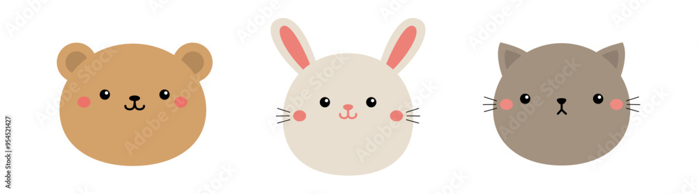 Cat kitten kitty, bear, rabbit bunny hare. Round face icon set line. Cute cartoon character. Kawaii animal. Funny baby. Love card. Childish style. Flat design. White background. Isolated. Vector Cat kitten kitty, bear, rabbit bunny hare. Round face icon set line. Cute cartoon character. Kawaii animal. Funny baby. Love card. Childish style. Flat design. White background. Isolated. Vector