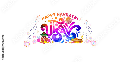 Vector illustration for Navratri Utsav Logo or Navratri festive Logo. Dandiya dance with Navratri kalash for durga devi puja.