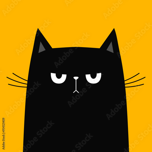 Cute cat. Cute sad angry face head. Funny kitten. Black silhouette icon. Kawaii pet animal. Happy Halloween. Cartoon funny baby character. Childish style. Flat design. Yellow background. Vector