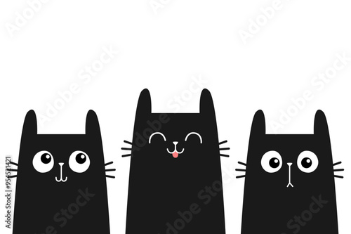 Black cat kitten kitty face icon set. Sad, happy, surprised emotion. Cute kawaii cartoon character. Valentines Day. Greeting card, banner, tshirt, sticker print. White background. Flat design Vector