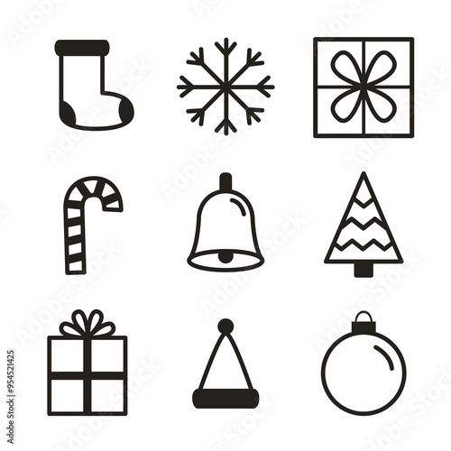 Christmas black line icon set. Candy cane, sock, snow flake, gift box bow, ring bell, Christmas fir tree, Santa Claus hat, ball toy. Holiday sign symbol. Outline Xmas icons on white Flat design Vector