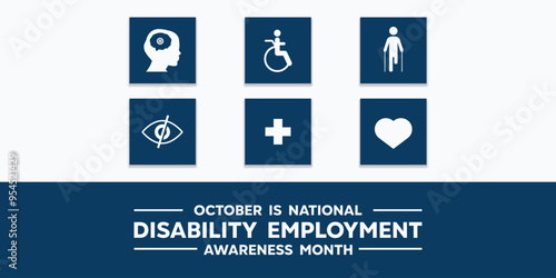National Disability Employment Awareness Month. Peoples, eye, plus icon and heart. Great for cards, banners, posters, social media and more. White background. 