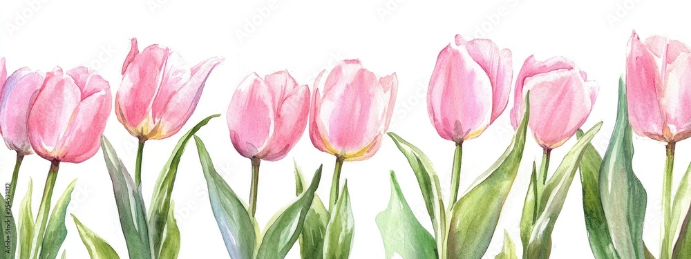 Watercolor illustration of pink tulips on a white background suitable for greeting cards or invitations for various celebrations