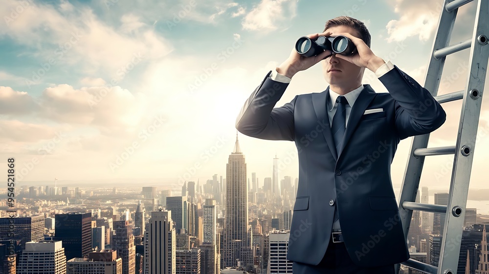 Anonymous executive on ladder using binoculars to survey cityscape, symbolizing business foresight and ambition. Anonymous executive on ladder using binoculars to survey cityscape, symbolizing business foresight and ambition.