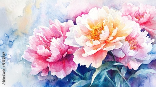 Watercolor illustration of peonies on a greeting card