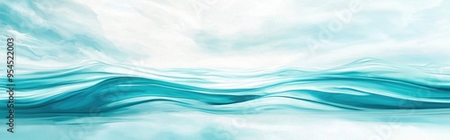 Watercolor illustration of a wavy blurry sky over a smooth water surface Vibrant turquoise gradient creating a bright cloudy ocean effect Curved fluid summer colors blend into a soft blue and whit photo