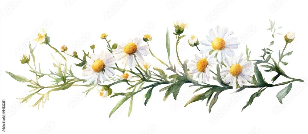 Watercolor illustration of chamomile flower arrangement on a white background Watercolor illustration of chamomile flower arrangement on a white background