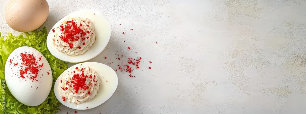  Three deviled eggs, each topped with red sprinkles, rest atop a bed of lettuce An empty eggshell lies nearby