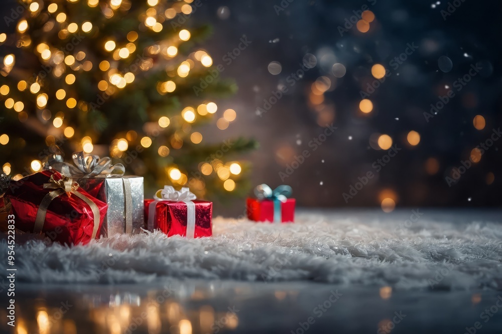 Holidays background with illuminated Christmas tree, gifts and decoration Holidays background with illuminated Christmas tree, gifts and decoration