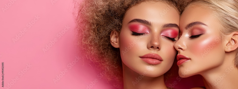 Two young women, both beautiful, pose before a pink backdrop with closed eyes, adorned with vibrant makeup Two young women, both beautiful, pose before a pink backdrop with closed eyes, adorned with vibrant makeup
