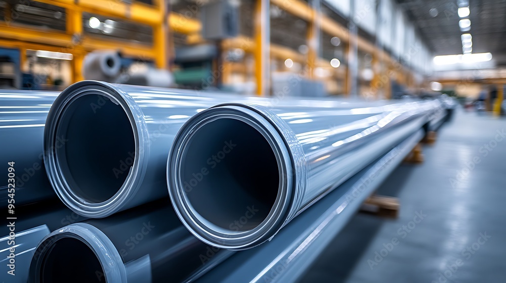 Close-up of large, shiny gray pipes stacked inside a warehouse. Close-up of large, shiny gray pipes stacked inside a warehouse.