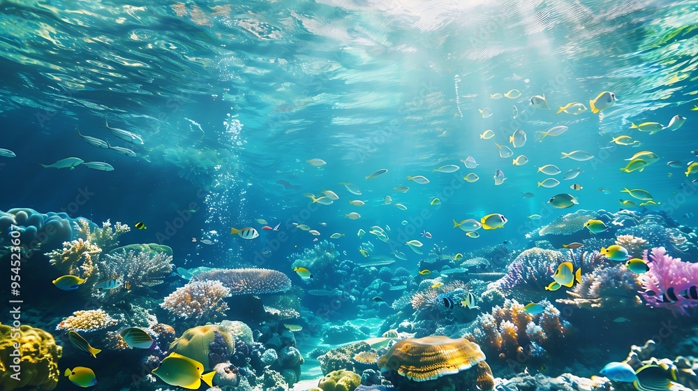 Obraz premium Breathtaking view of a vibrant coral reef teeming with colorful fish. Sunbeams illuminate the crystal clear water, creating a magical underwater world.