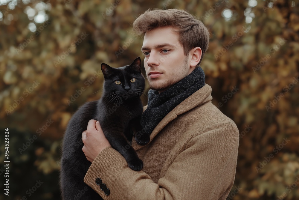 A man is holding a black cat in his arms. The cat is black and has a white spot on its face. The man is wearing a brown coat and a scarf. The image has a warm and cozy feeling, as if the man A man is holding a black cat in his arms. The cat is black and has a white spot on its face. The man is wearing a brown coat and a scarf. The image has a warm and cozy feeling, as if the man