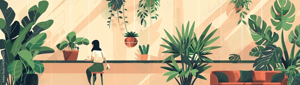 Indoor gardening, vertical plant wall, flat design illustration Indoor gardening, vertical plant wall, flat design illustration