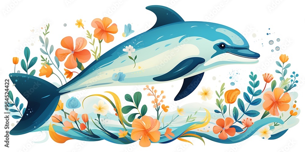 A colorful Dolphin with flowers painted on it, a simple flat illustration in white background,This whimsical children's book illustration has a folk-inspired style and clean. A colorful Dolphin with flowers painted on it, a simple flat illustration in white background,This whimsical children's book illustration has a folk-inspired style and clean.