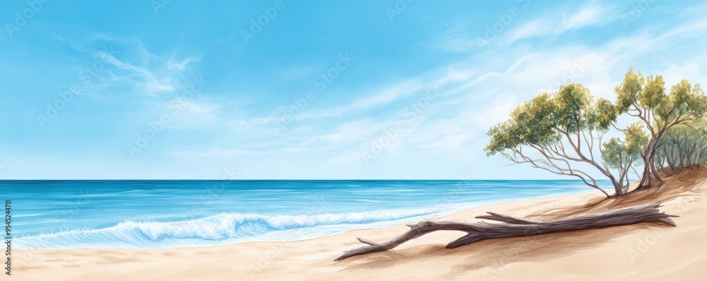 A tranquil watercolor scene of a deserted beach, featuring driftwood scattered on the sandy shore with gentle waves softly lapping at the edge, evoking a sense of peaceful solitude. A tranquil watercolor scene of a deserted beach, featuring driftwood scattered on the sandy shore with gentle waves softly lapping at the edge, evoking a sense of peaceful solitude.