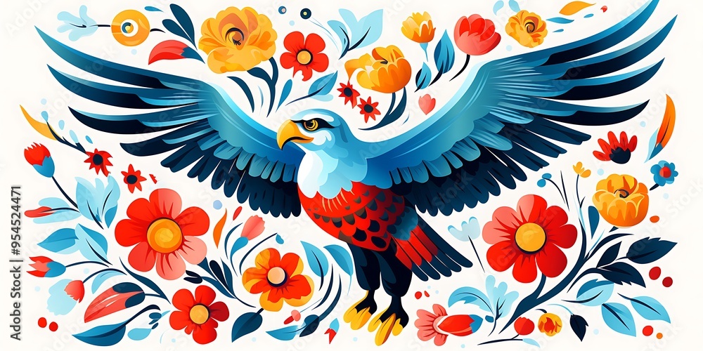 A colorful eagle with flowers painted on it, a simple flat illustration in white background,This whimsical children's book illustration has a folk-inspired style and clean. A colorful eagle with flowers painted on it, a simple flat illustration in white background,This whimsical children's book illustration has a folk-inspired style and clean.