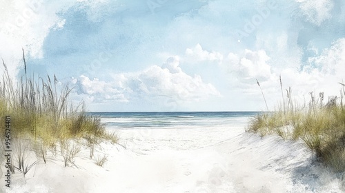 Watercolor illustration of a white sandy beach scene