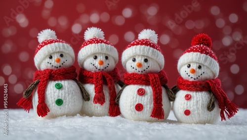 little knitted snowman's on soft snow on red background