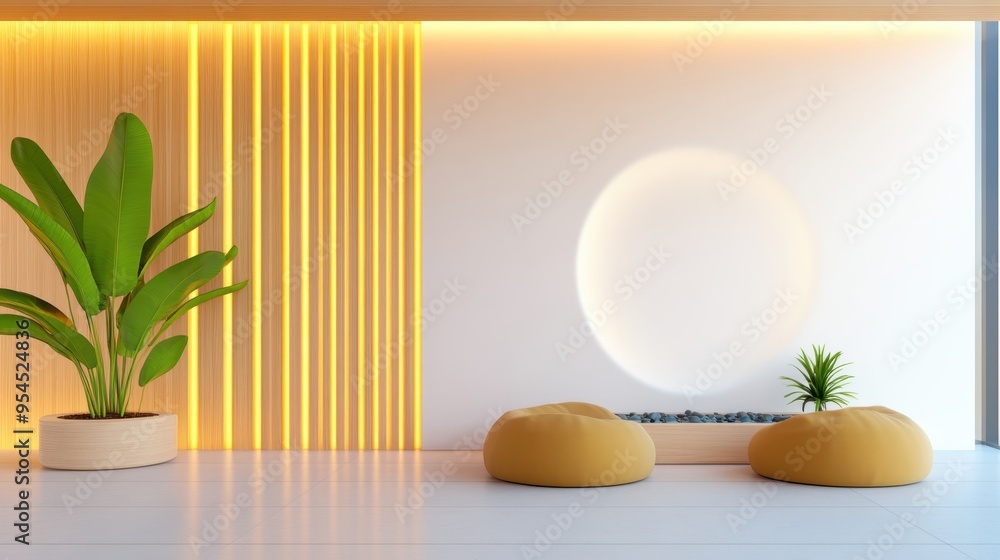 Fototapeta premium Tranquil Employee Oasis: Relaxation Area with Bean Bags, Water Feature, and Ambient Lighting for Calming Retreat from Work, Copy Space Available