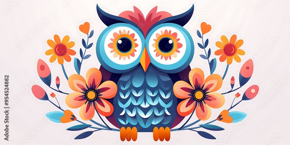 A colorful owl with flowers painted on it, a simple flat illustration in white background,This whimsical children's book illustration has a folk-inspired style and clean. A colorful owl with flowers painted on it, a simple flat illustration in white background,This whimsical children's book illustration has a folk-inspired style and clean.