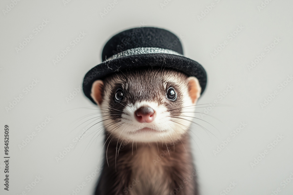 Mischievous Glance: A Curious Ferret Wearing a Tiny Bowler Hat on a Soft Bed Mischievous Glance: A Curious Ferret Wearing a Tiny Bowler Hat on a Soft Bed