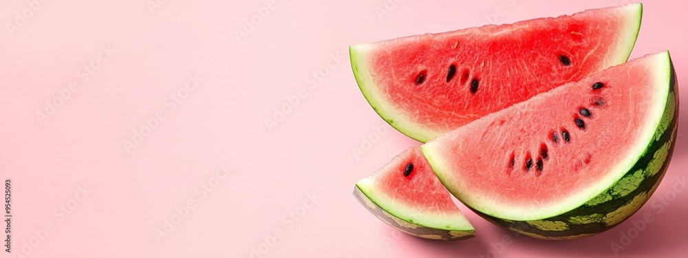 Two slices of watermelon stacked on a pink surface, alongside an additional slice Two slices of watermelon stacked on a pink surface, alongside an additional slice