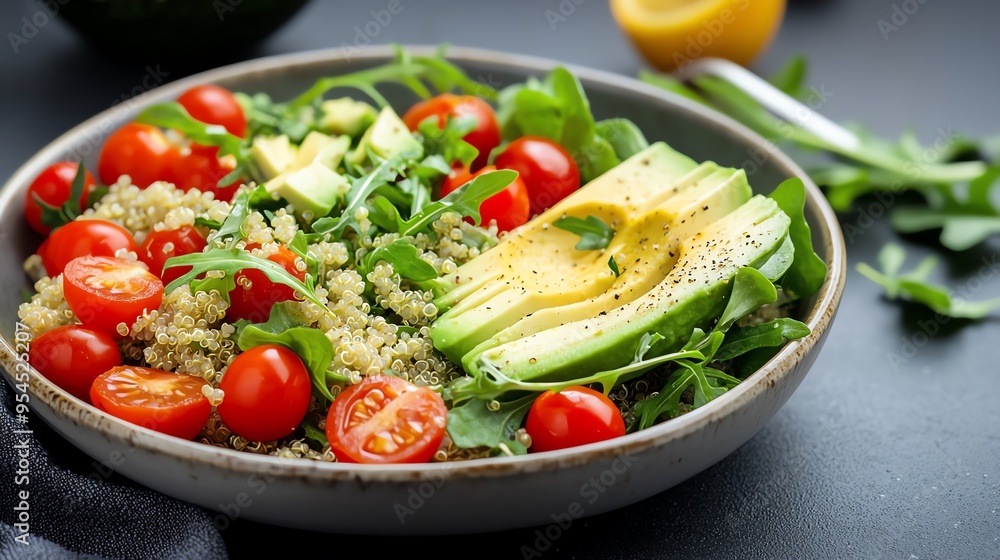 A vibrant and healthy quinoa salad with fresh tomatoes, avocado, cucumbers, and greens, perfect for nutritious meals and gatherings. A vibrant and healthy quinoa salad with fresh tomatoes, avocado, cucumbers, and greens, perfect for nutritious meals and gatherings.
